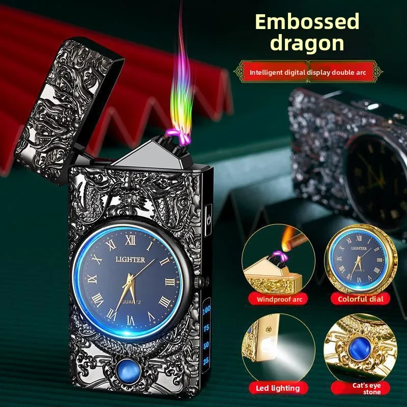 Metal Clock Lighter, LED Flashlight, Power Display, Metal Double Arc Lighter, Embossed Design, USB Charging Portable Lighter