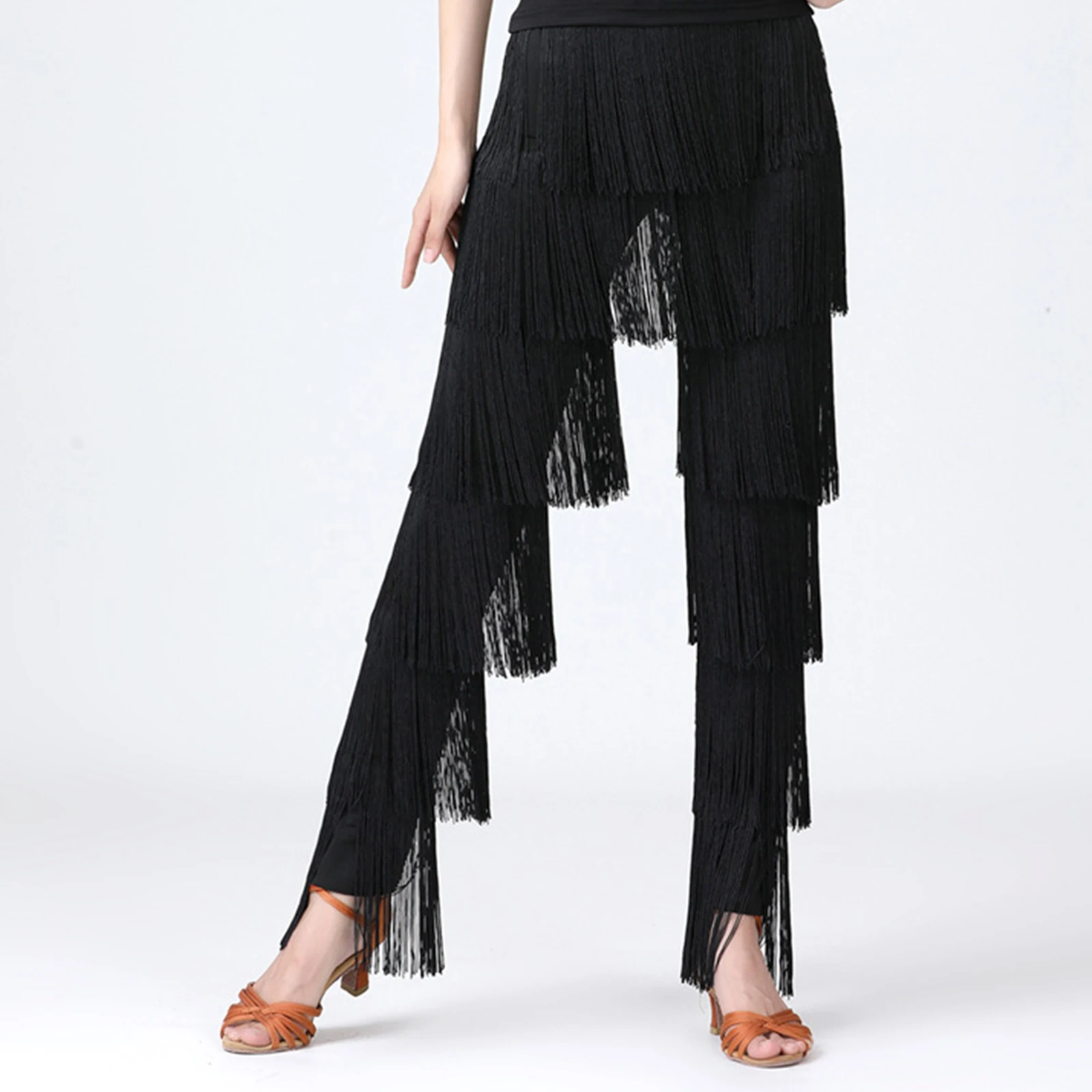 Women Latin Tassel Dance Pants Ballroom Tango Cha-Cha Tiered Fringe Trousers Performance Practice Costume Lady Solid Latin Pants