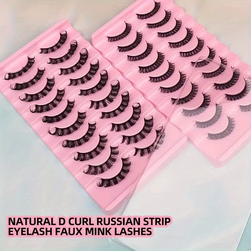 False Eyelashes, 10Pairs Russian Strip Lashes With Clear Band 10MM DD Curly 3D Effect Lashes, Thick Full Strip Lashes For Beauty