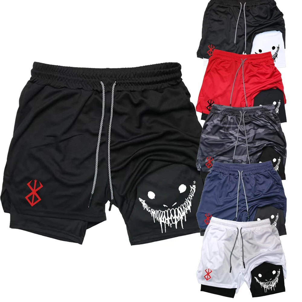 

Anime ghost face printed shorts for men, 2-in-1 running compression shorts, training yoga gym sports shorts and pockets