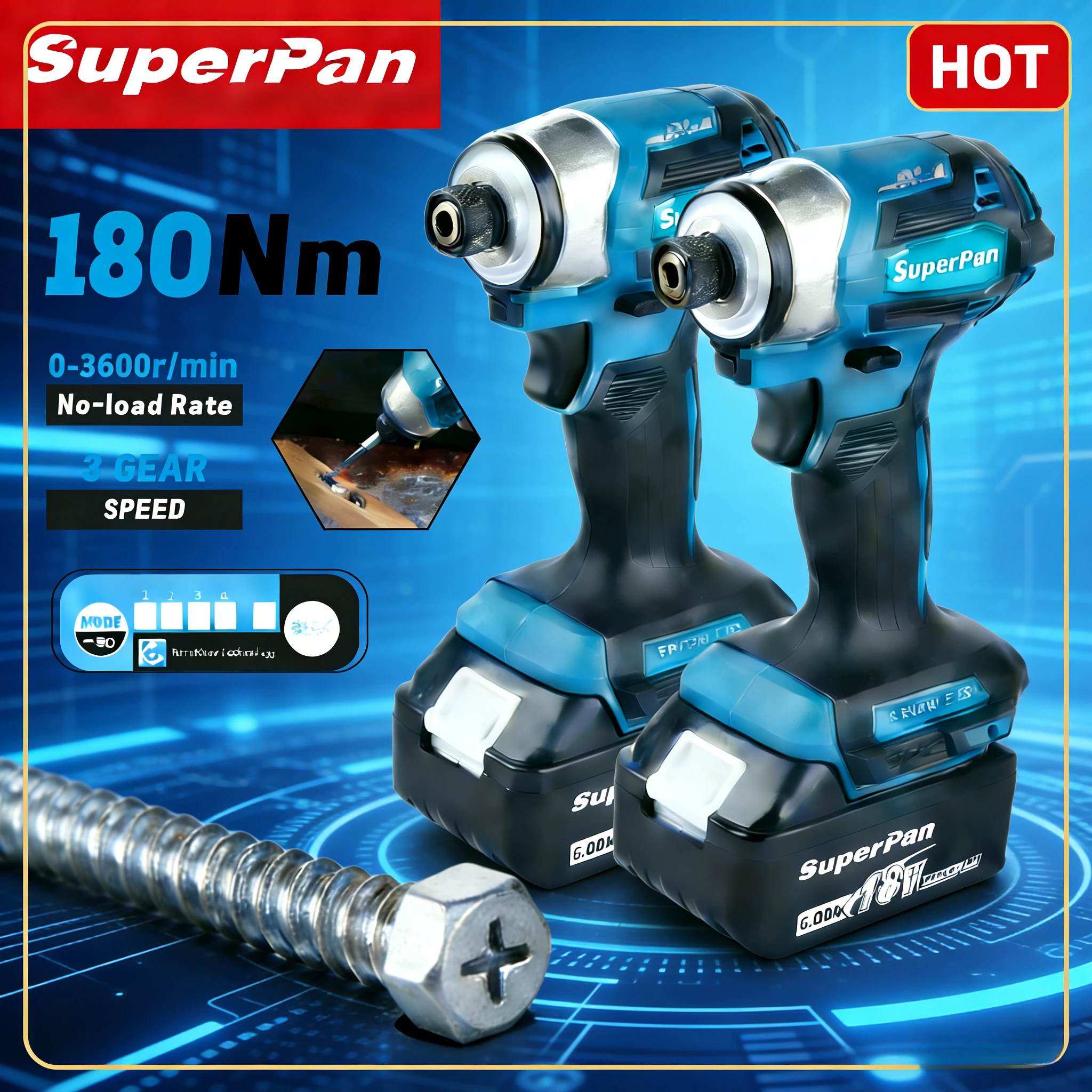 

SuperPan SP173 Cordless Brushless Impact Driver 18V 6.0Ah 180N.m for Furniture Building Woodworking for makita 18V battery pin