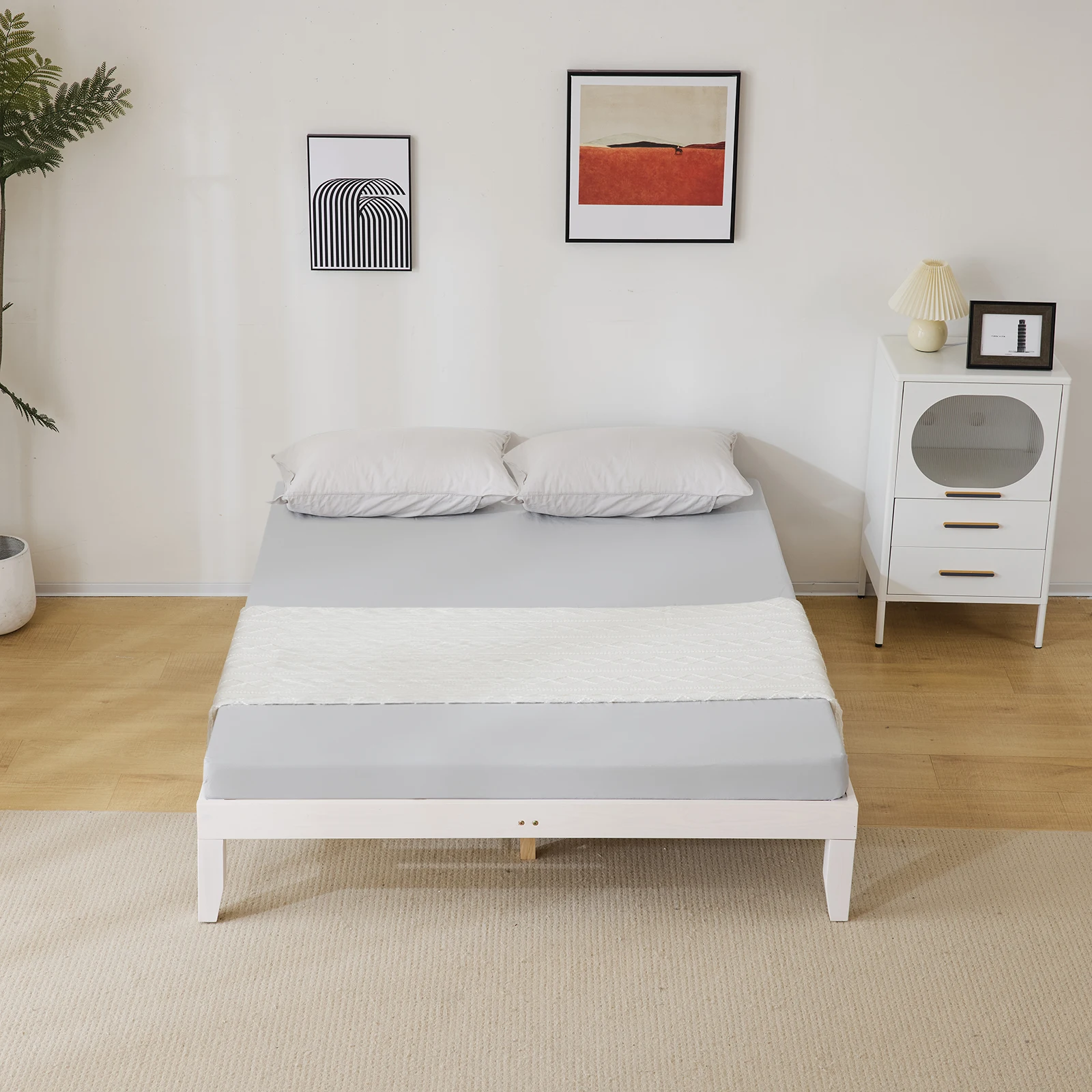 Basic bed frame washed white Queen 206*151*30.5cm wooden bed