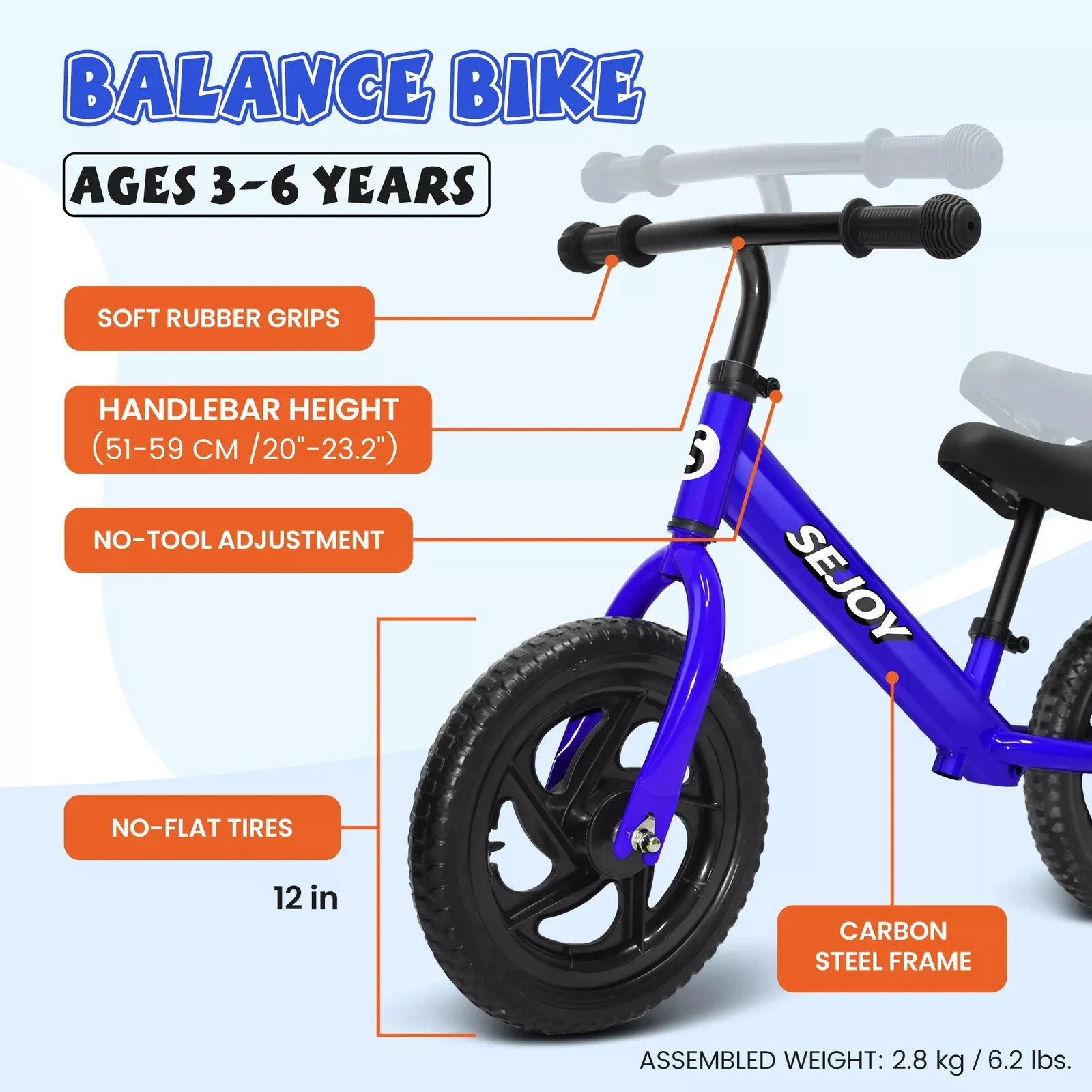 SEJOY 12" Sport Bike For Children No Pedal Balance Bicycle 2-6 Years Kids Toddler Training