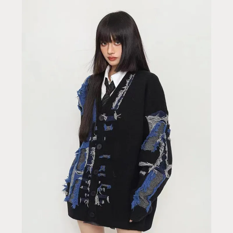 

Lazy Preppy Style Korean Knitted Kawaii Cardigan Jacket Regular Versatile Long Sleeve Trendy Loose Fit Fashion Brown Tops