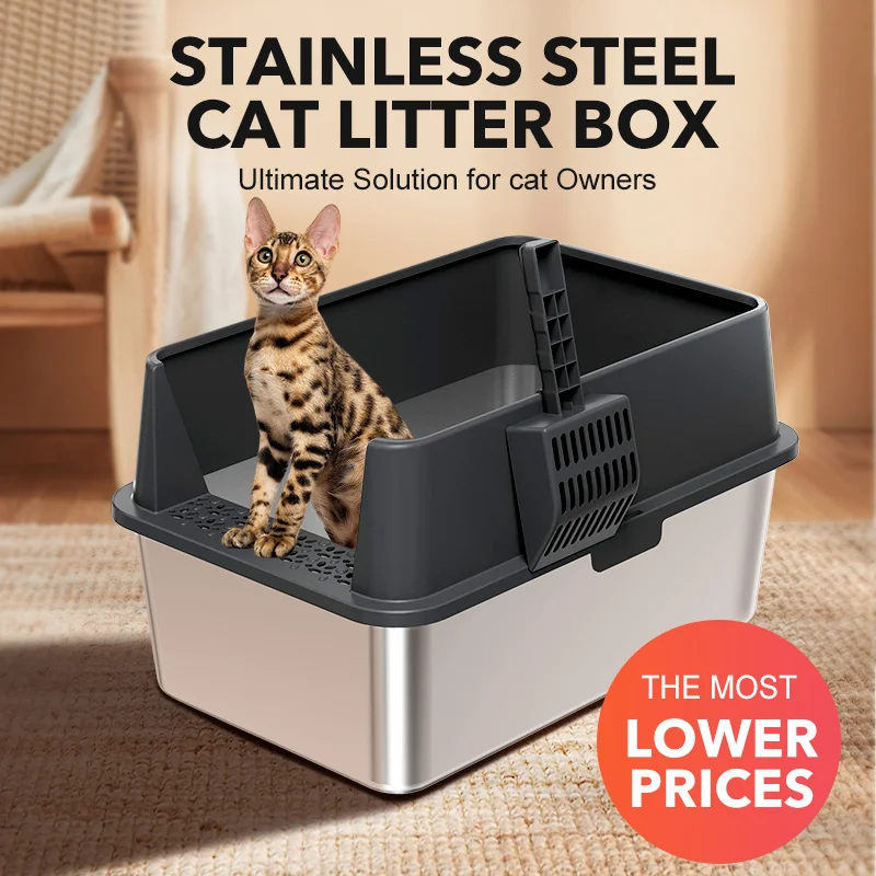 

Кошачий туалет из нержавеющей стали 60 * 40 * 5 см с высокими бортиками и крышкой, очень большой размер XL, подходит для крупных кошек.