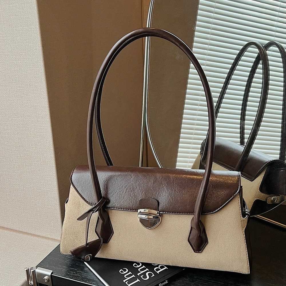 

Women's Vintage Color Block Underarm Bags Fashion Lock Design Retro Suede Handbag Luxury Designer Lady Commuting Shoulder Bag