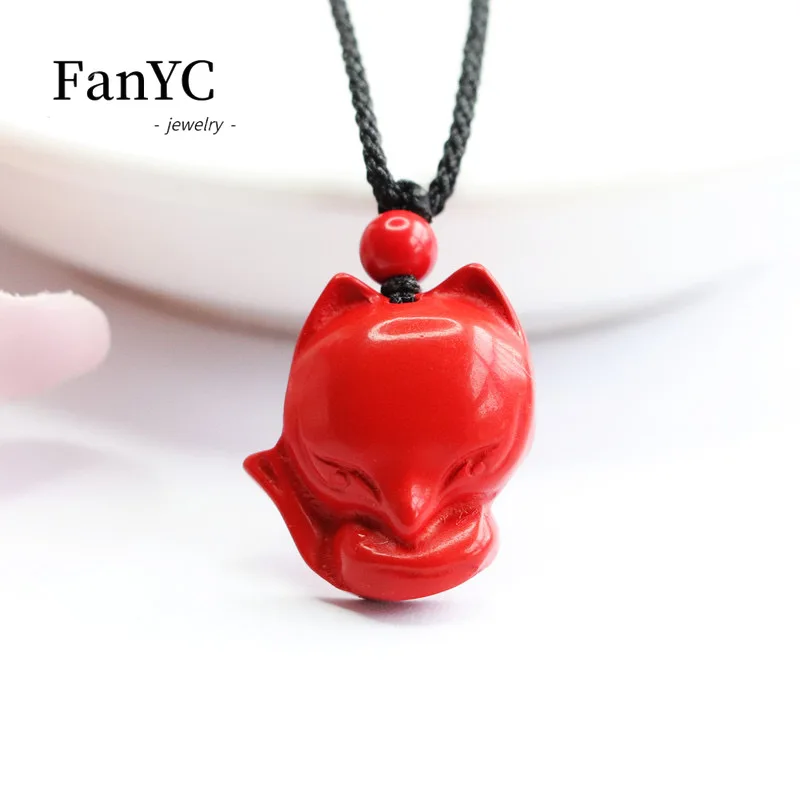 قلادة قطرات الحب الطبيعية من سينابار للرجال والنساء ، قلادة مشبك السلام الثعلب المنحوت بشكل جميل ، سحر الحظ الموضة ، هدية العيد