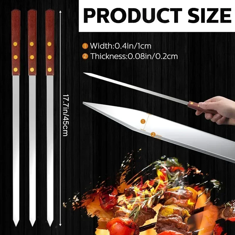 12 Pieces Skewers for Kabobs Grilling Barbecue Long Skewers Stainless Steel Reusable BBQ Skewers with Wood Handle 40/50/60cm