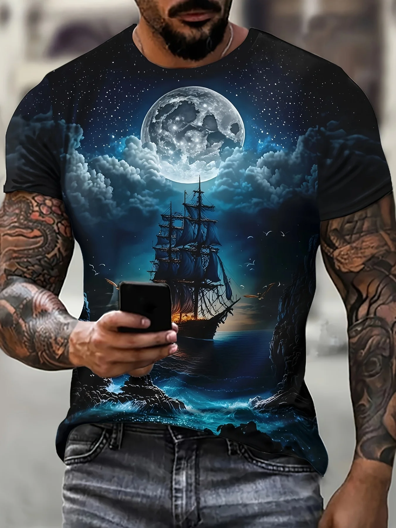 Men's Ship Print T-shirt Casual Short Sleeve Crew Neck Tee Men's Clothing For Outdoor Soft Slight Stretch Polyester Blend Fabric