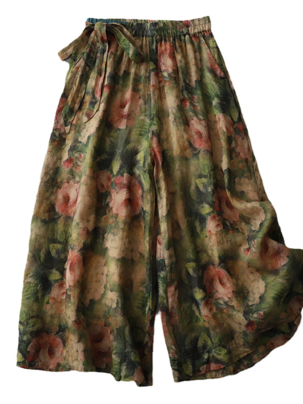 Pantalones de pierna ancha de lino y algodón con estampado Retro, falda para mujer, cintura elástica, pantalones holgados finos informales de lino de nueve puntos