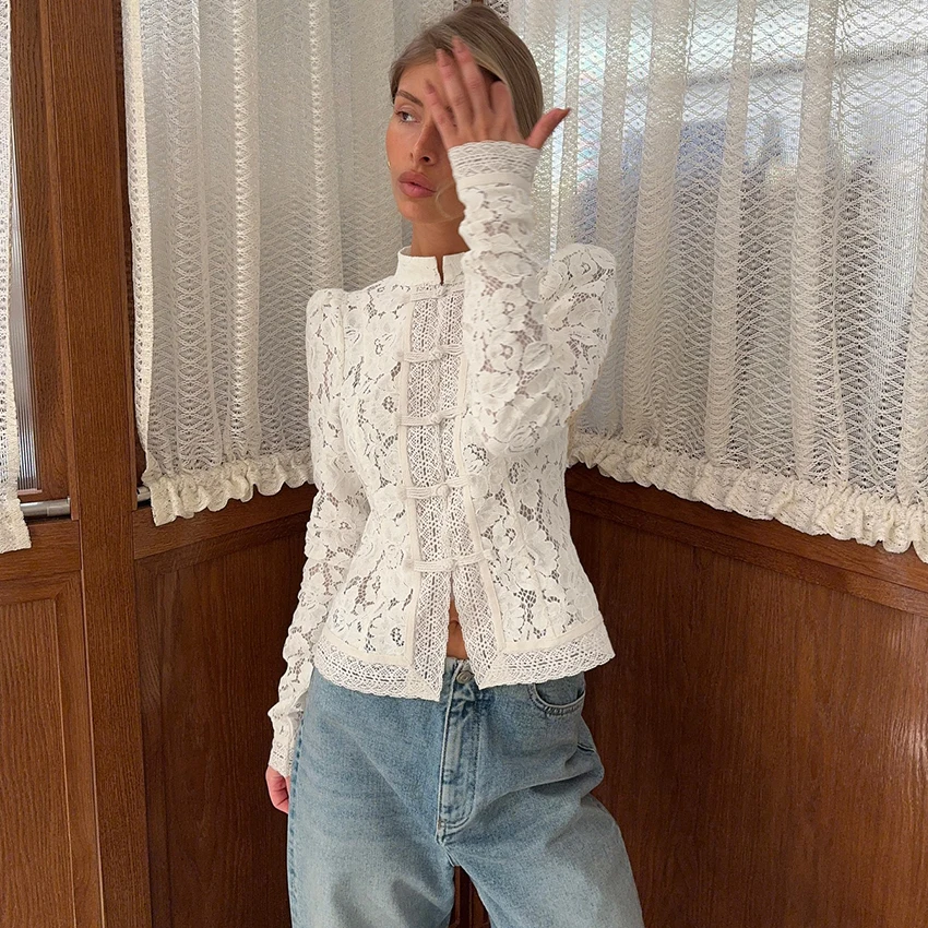 Linad Elegantเย็บปักถักร้อยพัฟแขนเสื้อสีขาวฤดูร้อนเซ็กซี่Hollow Outเสื้อลูกไม้ลําลองทรายคอTop 2025 เสื้อวินเทจ