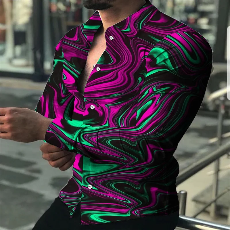 Shirt Men Rainbow Flame Geometric Pattern Print Lapel Outdoor Street Long Sleeve Print Clothing Fashion Street Designer Casual