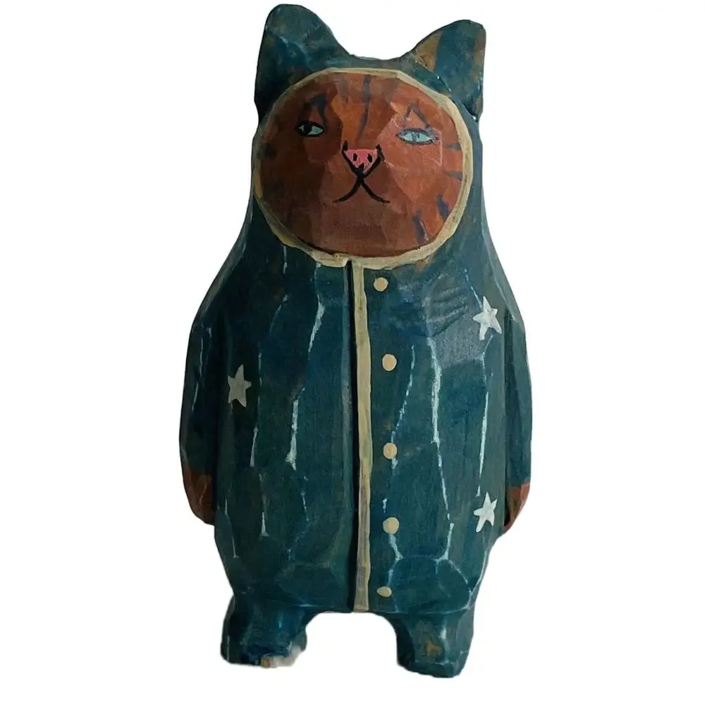 

Solid Wood Wood Carving Cat Ornament Simple Style Handmade Painted Cartoon Cat Sculpture Small Cute