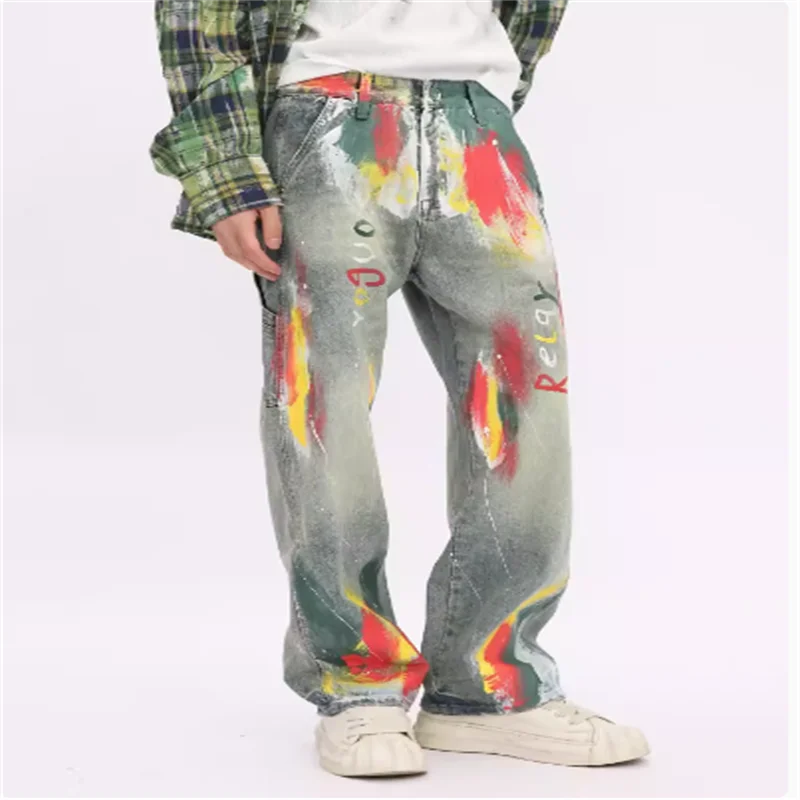 Original personality graffiti do old color spray paint design wide leg pants jeans hipster