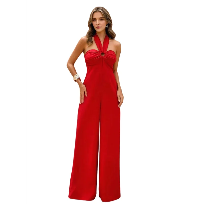 Macacão maxi feminino A09P com gola halter cruzada e perna reta