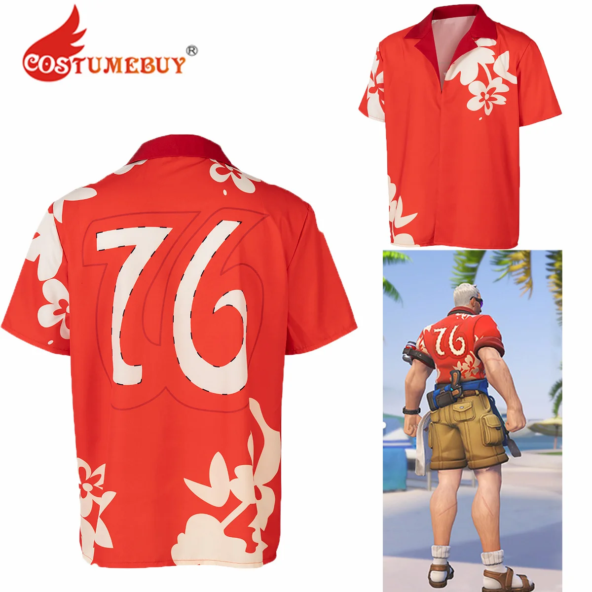 Jogo OW Soldado Cosplay Traje para Homens, Grillmaster 76, Camisa Vermelha Inspirada, Manga Curta, Fantasia Cosplay