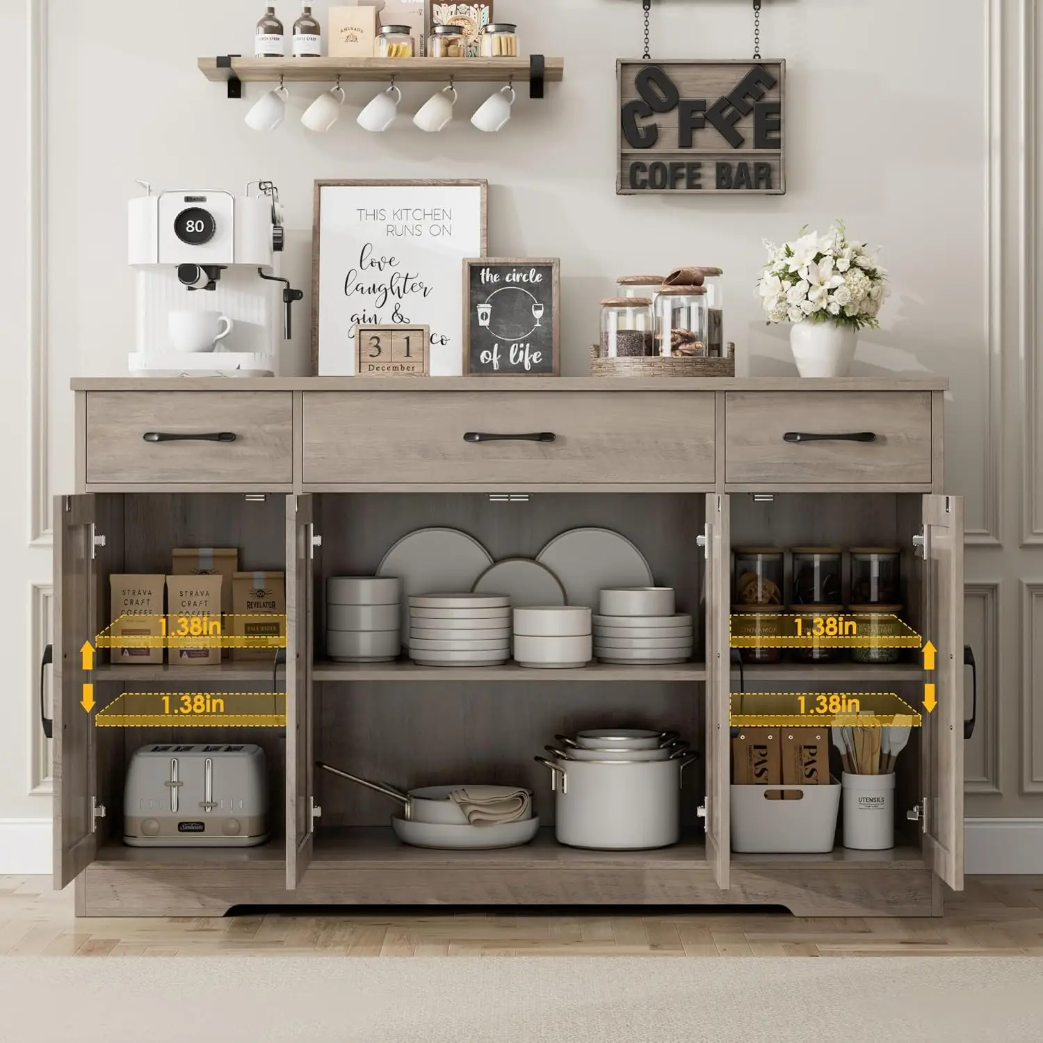 55' Buffet Sideboard Cabinet with Drawers & Shelves, Modern Farmhouse Coffee Bar in Ash Grey