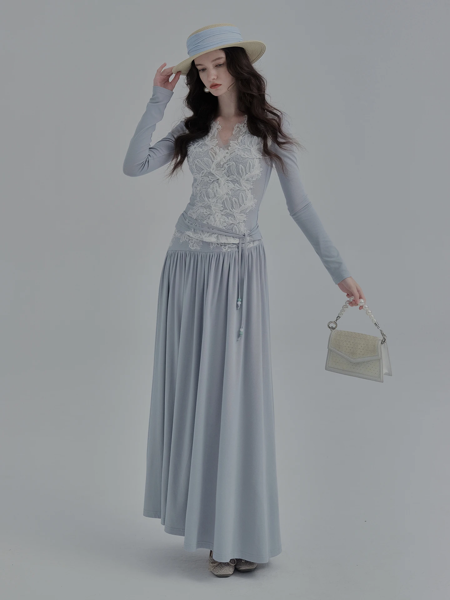 

Auntie Pan's Sea Salt Illusion Lace Flower Decoration V-ne Top Elastic Waist Dra Comfortable f-length Sve Long Dr