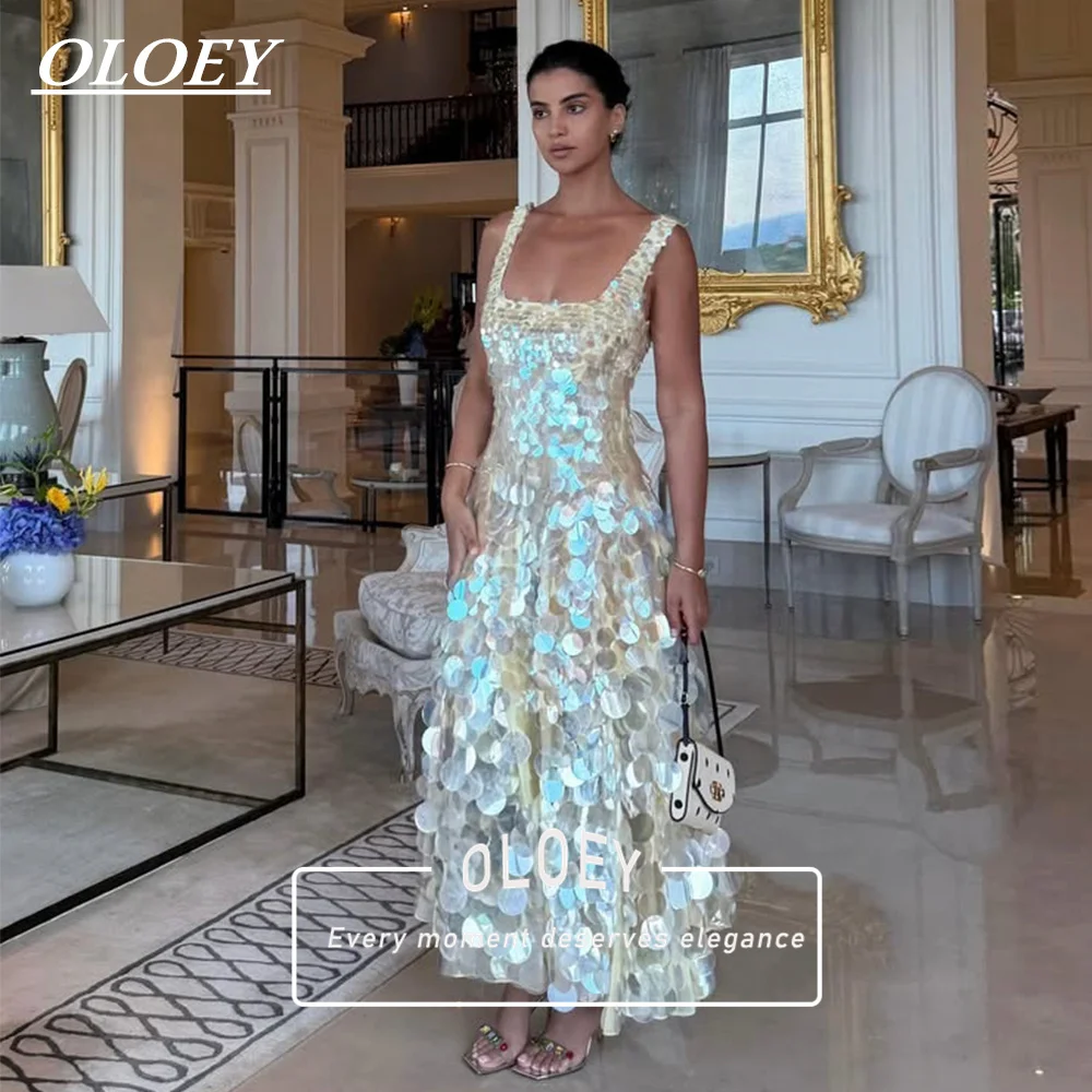 OLOEY Modernes Pailletten-Hochzeits- und Ballkleid mit quadratischem Kragen, knöchellang, formelles Abendkleid, maßgeschneidert, Vestidos De Fiesta