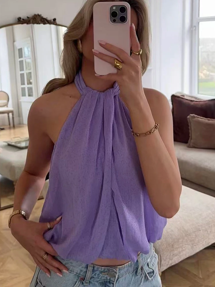 TFMLN Sommer Neu Damen Puffy Halter Top mit Bubbel-Saum, plissiertes Neckholder-Tanktop, elegant, sexy, lässig, Streetwear, bauchfreies Camisole