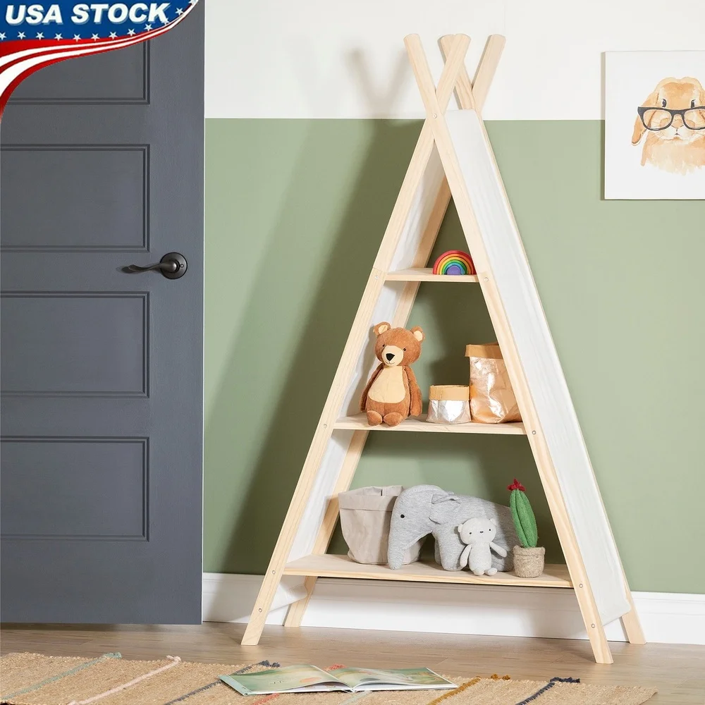 

Scandinavian Teepee Shelving Unit Kids Room Natural Cotton Pine 3 Fixed Shelves Fun Storage Solution Easy Care Wall Attachment