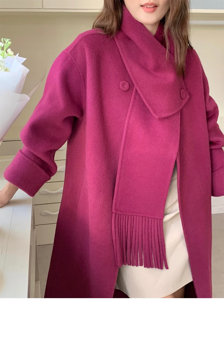 High-end Handmade Long Wool Coat with Scarf Women Solid Women Wool Coat Luxury Double-sided O Neck Loose Jacket Autumn Winter