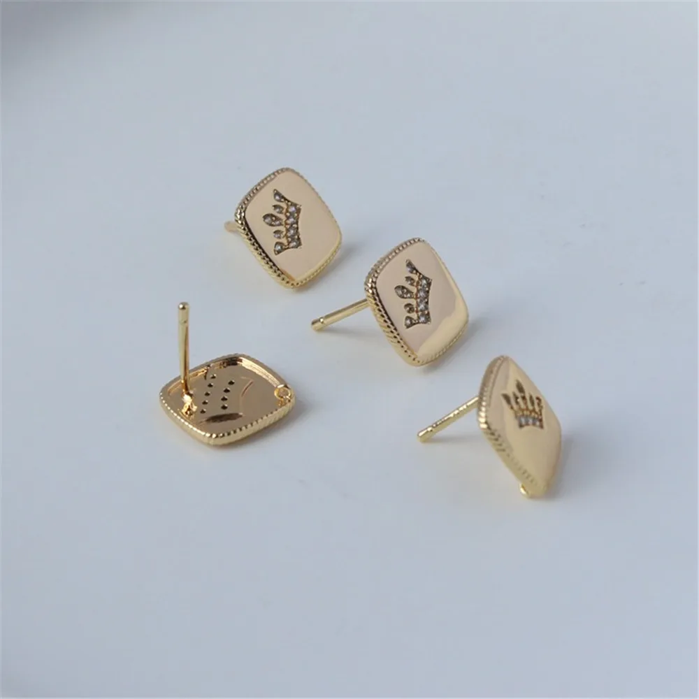 925 Silver Needle Stud Earrings, 14K Gold, 13mm Square with Hanging Inlaid Zircon, DIY Earrings