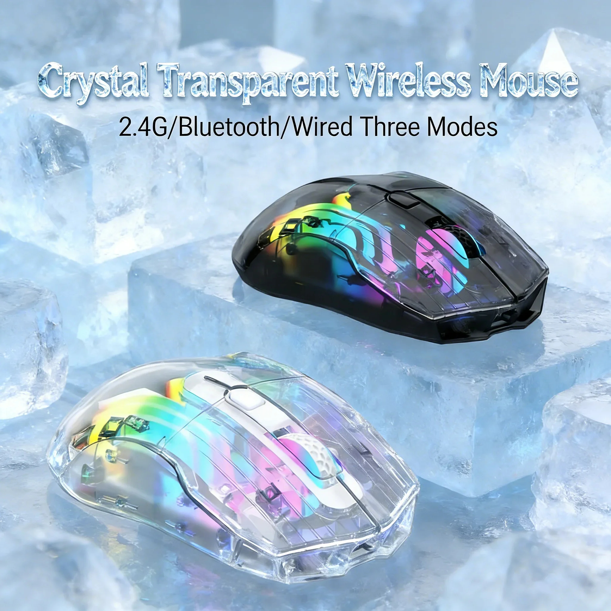 Tri-mode Transparent RGB Wireless Mouse 2.4G/Bluetooth/Wired Rechargeable 3600 DPI Silent Click For Office Gaming