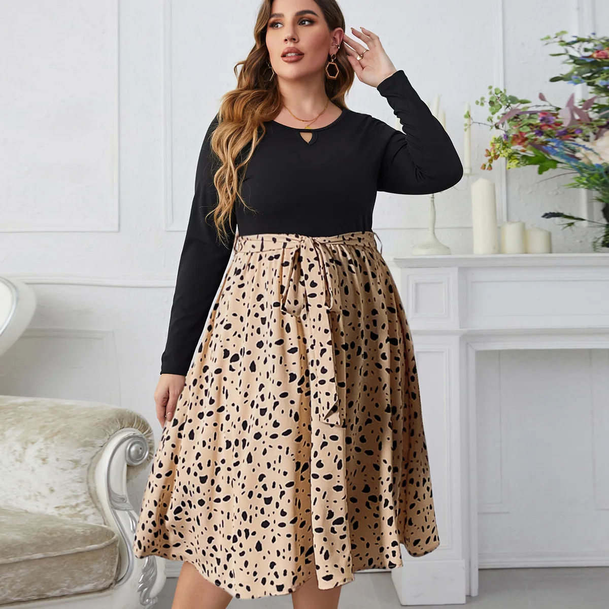 Vestido de talla grande a media pantorrilla para mujer, ropa de gran tamaño de leopardo negro para mujer, vestido de manga larga para primavera Otoño Invierno