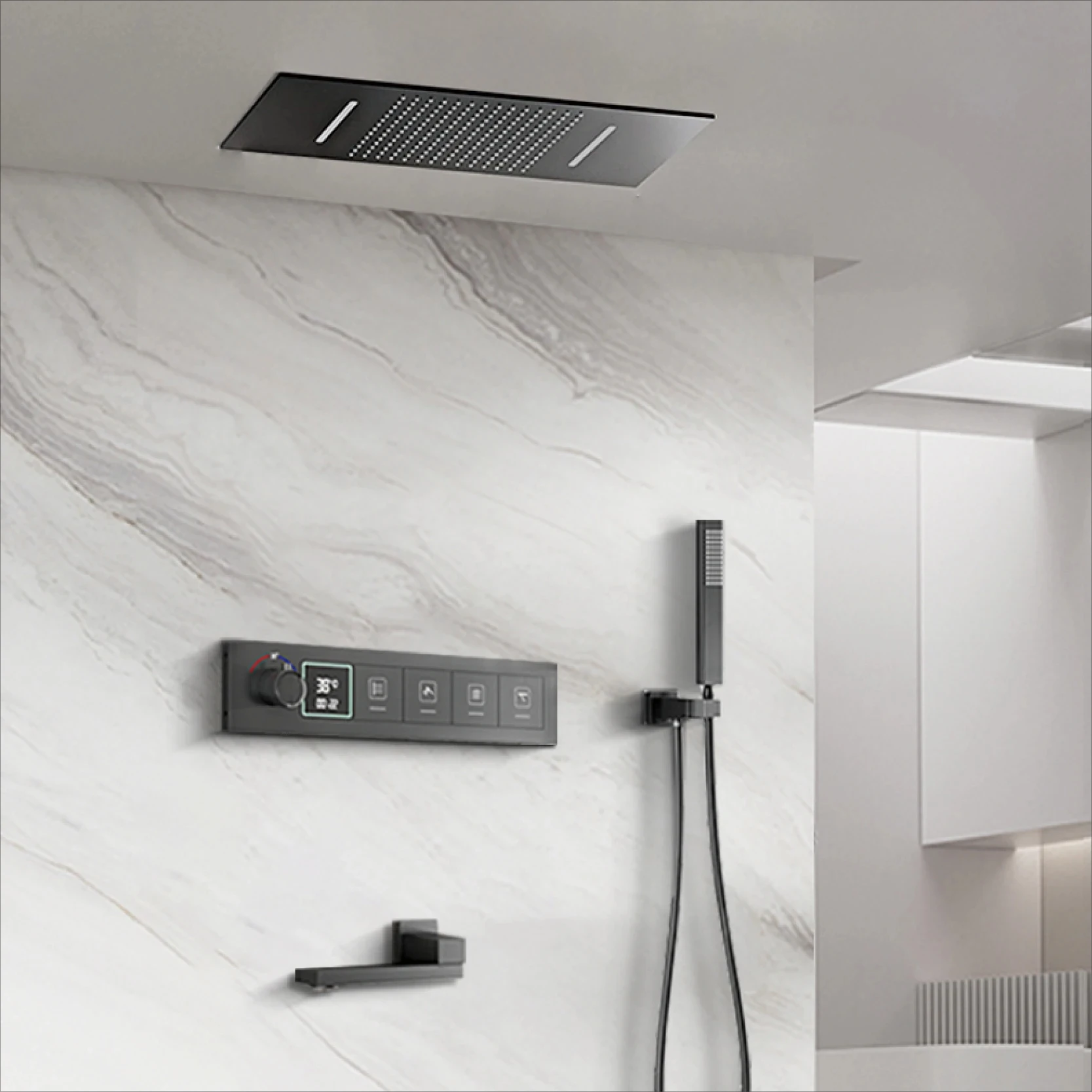 

Luxury brass shower system with ceiling design, cold and hot LED digital display, constant temperature bathroom, hidden faucet