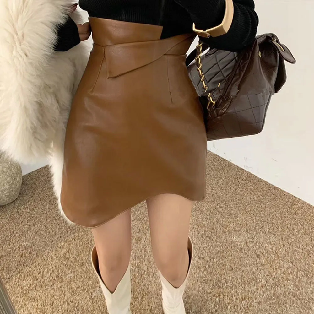 

Faux Leather Skirt For Women's 2023Autumn New High Waist Slim A-line Short Skirts Irregular Wrapped Hip Jupe Faldas Para Mujeres