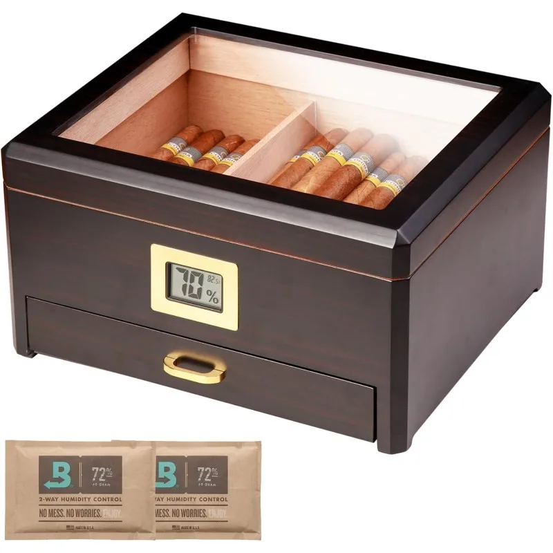 

Cigar Humidor for 50 Counts with Boveda 72% Humidity Packs, Accessory Drawer, Digital Hygrometer, Spanish Cedar Lining