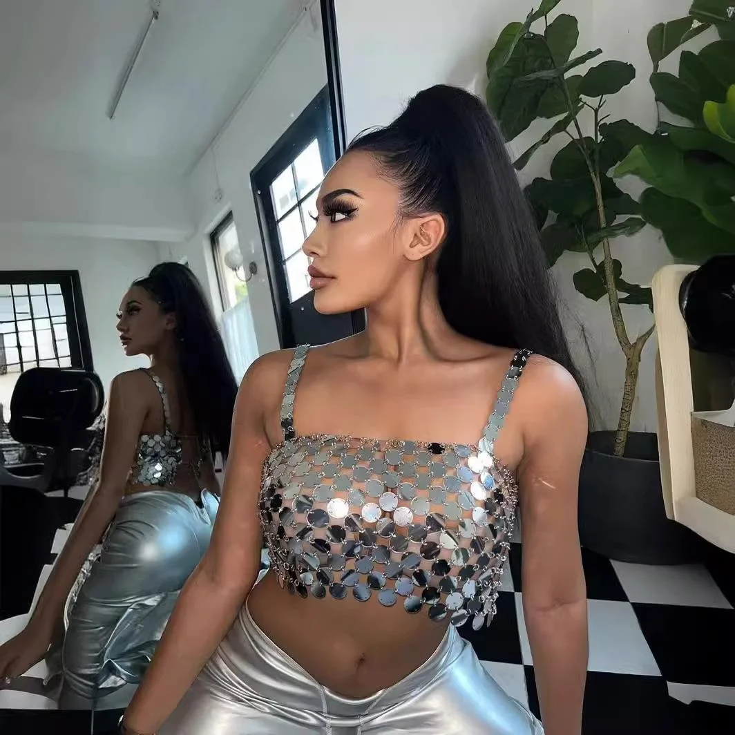 

Sexy Silver Sequin Small Beads Bal Vest Women's Polyester Fiber Inner Wear Casual Vest with Chest Pad Winter