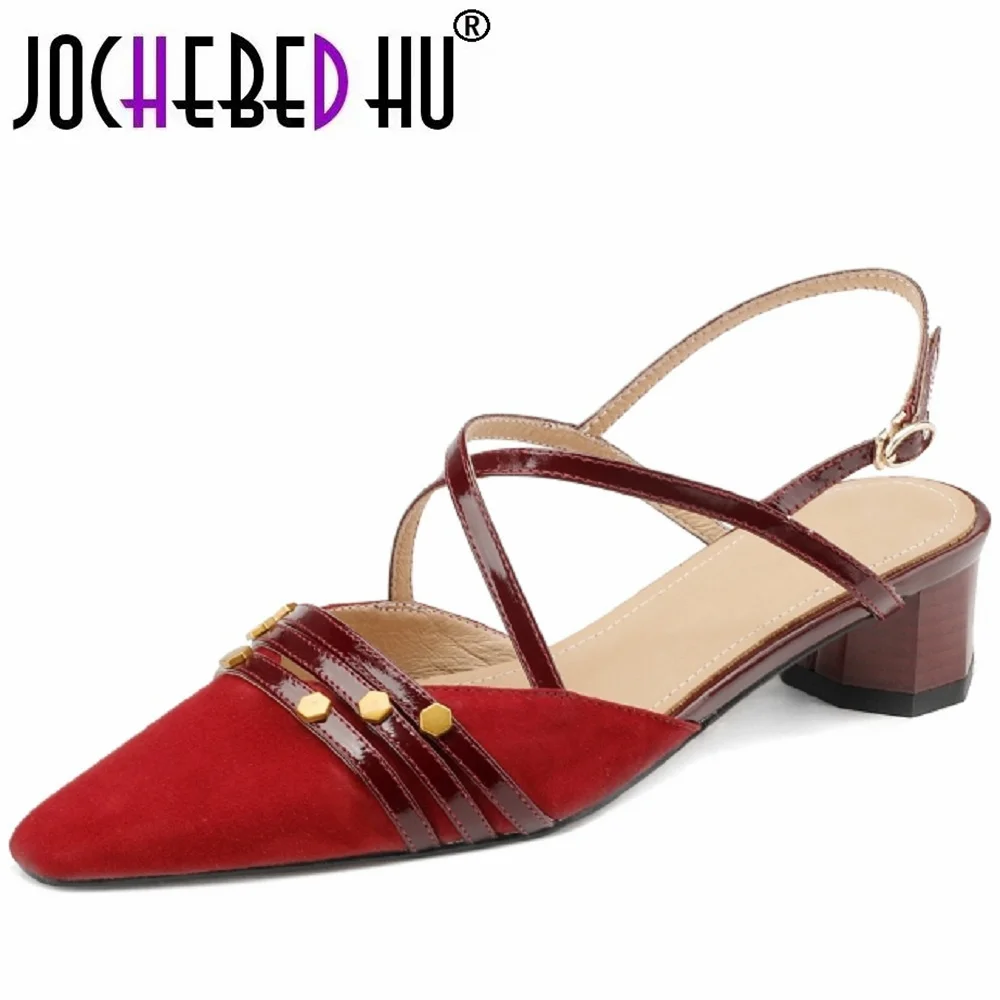 

【JOCHEBED HU】Elegant Fashion Sexy Women Genuine Leather Sandals Thin Heeled Pumps Spring Summer Shoes Party Prom Wedding 33-42