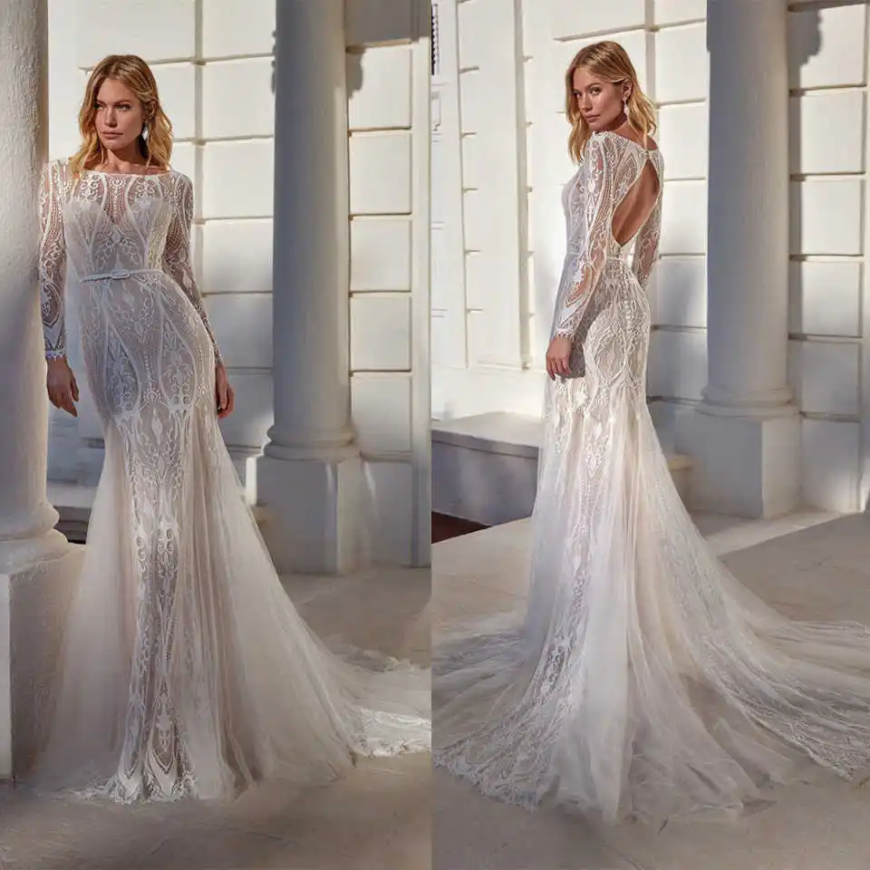 

Graceful Mermaid Wedding Dress With Full Sleeve Lace Appliques Backless Floor-Length Princess Bride Customized Vestidos De Novia