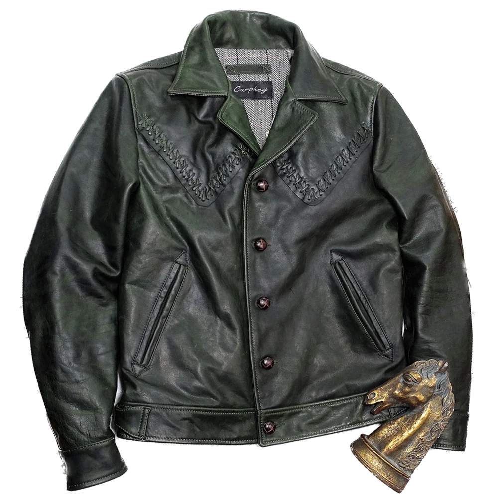 

Youny Horsehide Overcoat Jackets For Man Drawstring Designer Distressed Green Horse Leather Coat Man's Top Jacket European Size