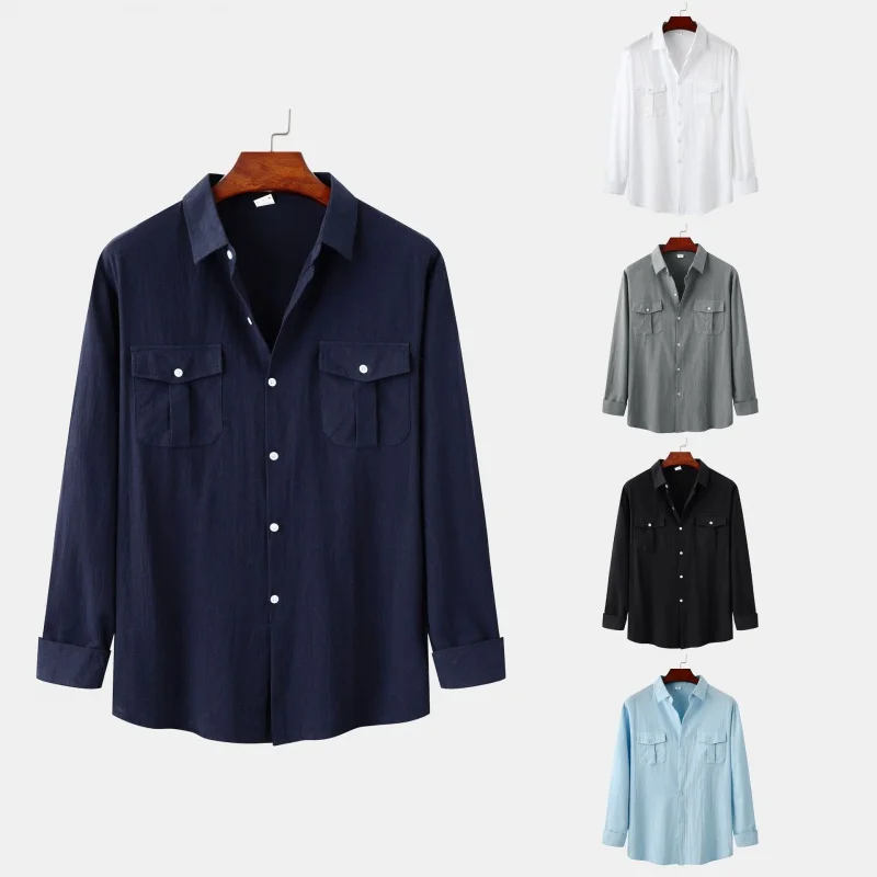 

SZYL-Wholesale New Fall Winter Men Cotton and Linen Solid Color Double Pocket Design Men's Long Sleeve Shirt Men