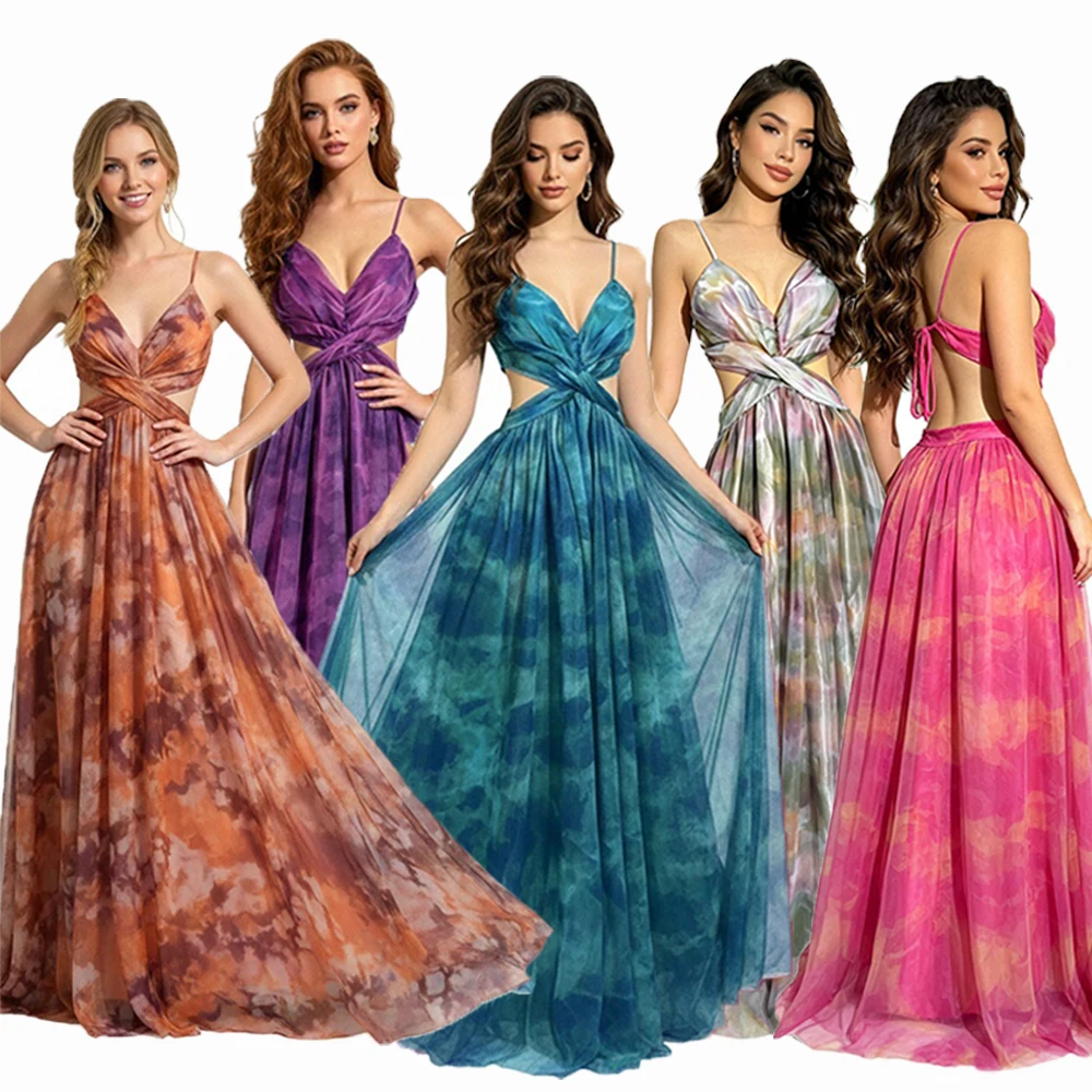Women's Dress Tie-Dye Gradient Tulle Maxi Evening Gown Spaghetti Straps V-Neck Openwork Banquet Waist Dresses Wedding Party Gown