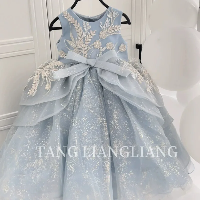 

Blue Salsa Princess Embroidered Dress Girls Boutique Bow Birthday Party Host Atmospheric Dress Wedding Costume for Girls