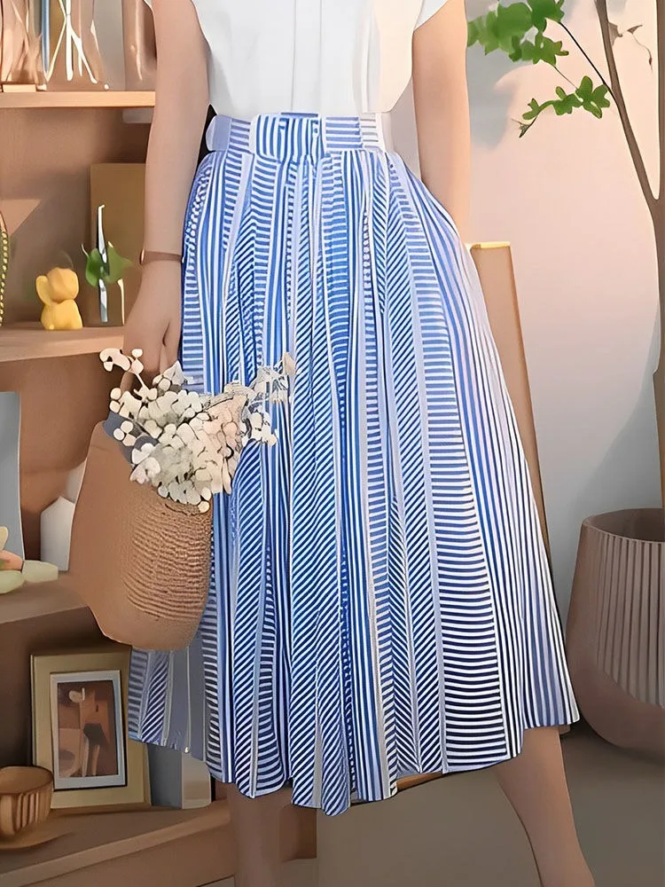 

Elegant Vintage Blue White Striped Skirts Y2k E-Girl High Waist A-line Skirt for Women Summer New Mid-length Faldas Mujer