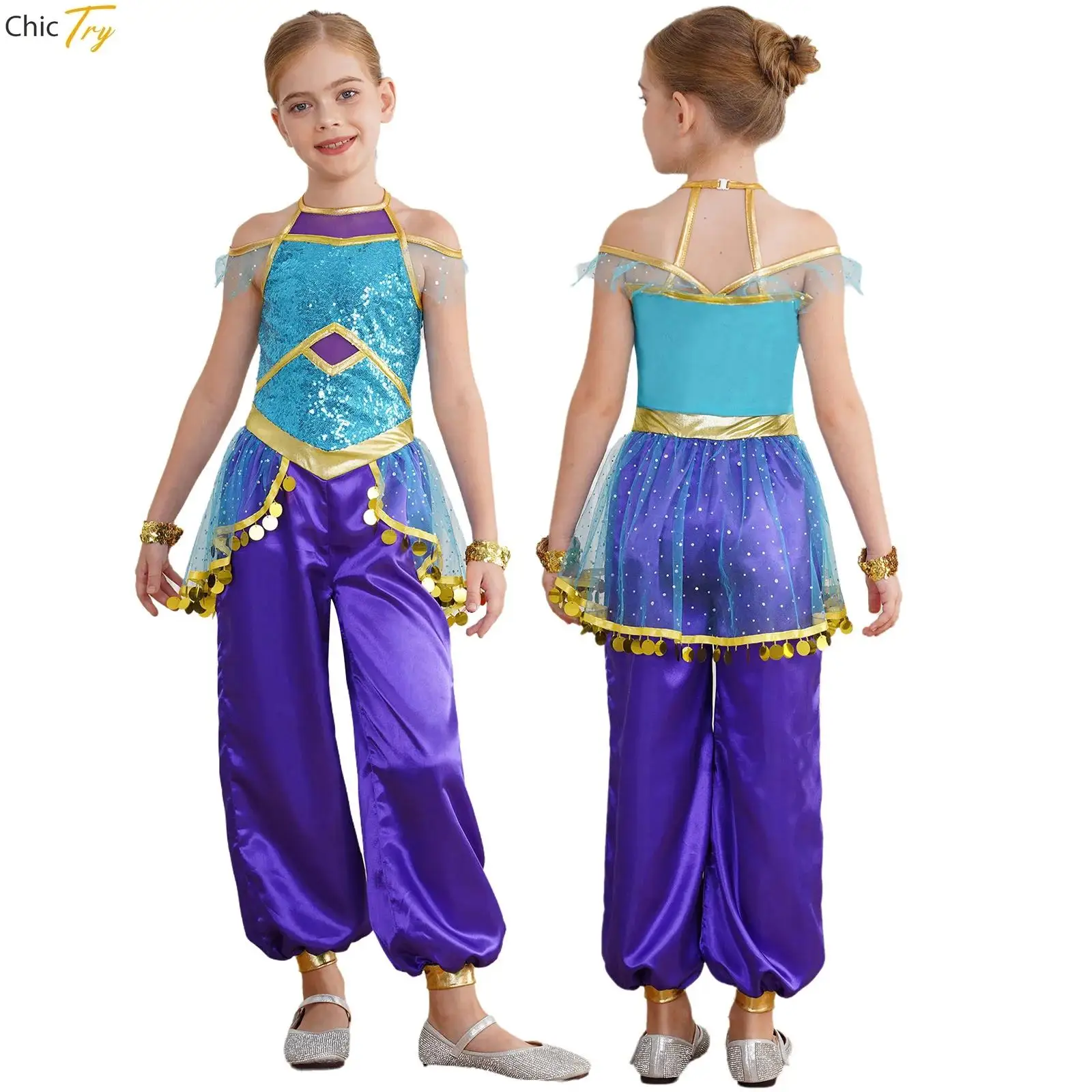 Girls Jasmin Dress Arabian Princess Costume Kid Halloween Cosplay Party Christmas Fancy Dress Bodysuit Halloween Cosplay Clothes