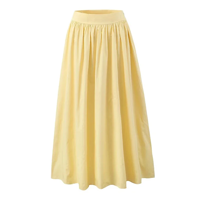 

Women Yellow White Cotton Big Swing Long Skirt Vintage High Waist Side Zipper A-line Summer Skirts Holiday