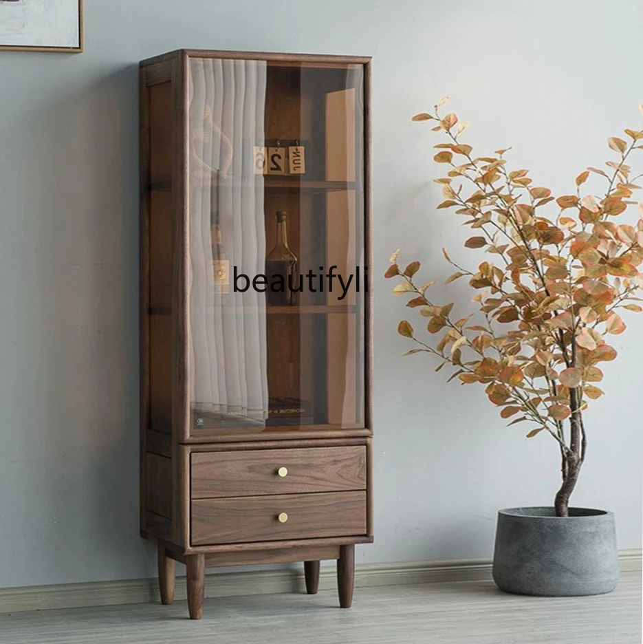 

Nordic black walnut wine cabinet solid wood kitchen side cabinet modern simple living room glass display cabinet