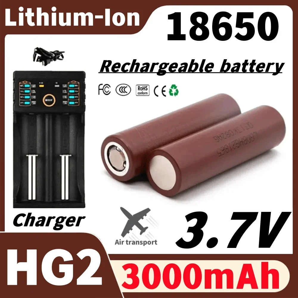 

3000mAh 3.7V HG2 18650 Battery Lithium Rechargeable Batteries High Discharge 30A Power Cell+USB Charger