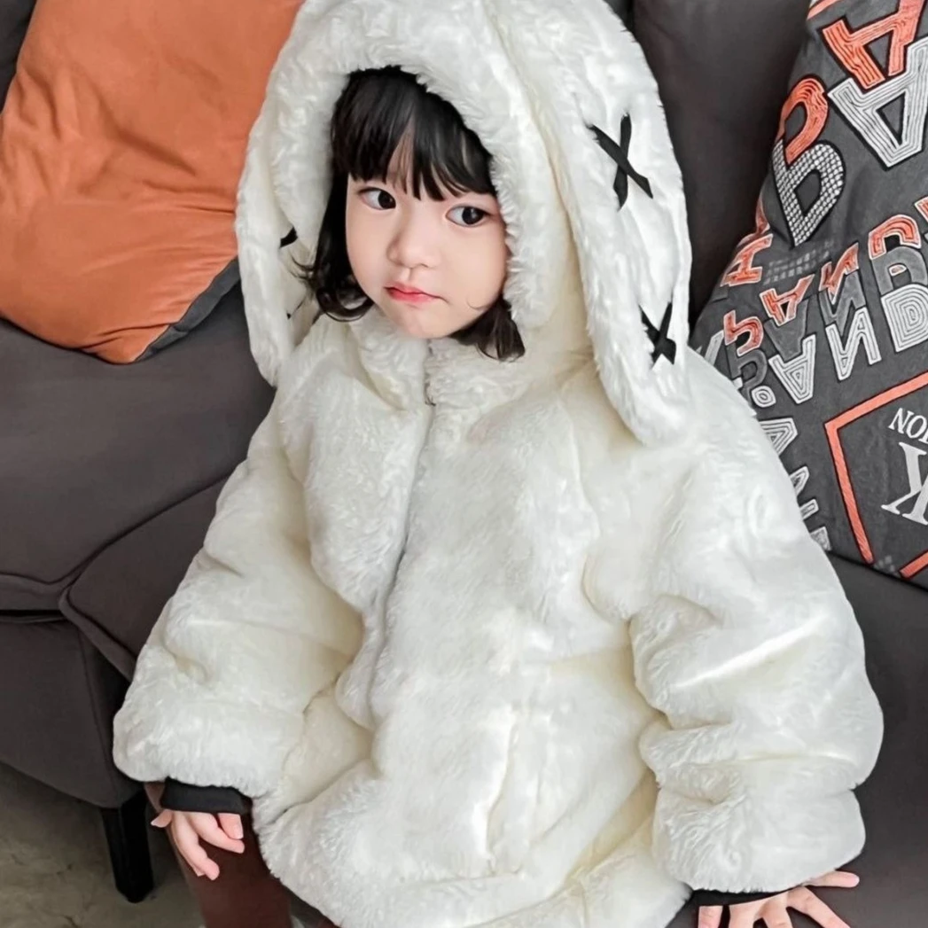 

Пальто для девочек, осень-зима 2022, новая детская одежда, толстовка с длинными кроличьими ушками для девочек, хлопковое толстое пальто из искусственного меха