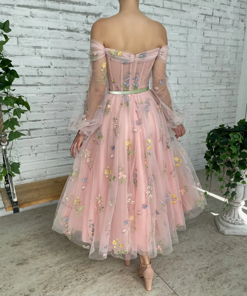 15250# Pastrol Puffy Sleeves Flowers Appliques A-line Wedding Gown Birthday Party Dress Customized Women Prom Evening Dresses