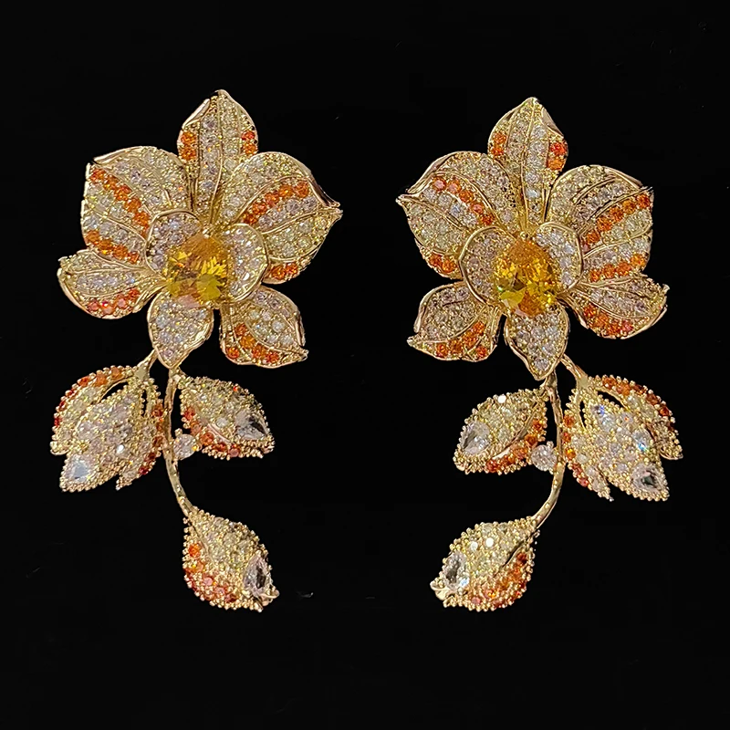 

Big Large Flower Earrings for Wedding Bridal Women Luxury Jewelry Evening Party Female Gift Sparkling Zircon Purple White Blue