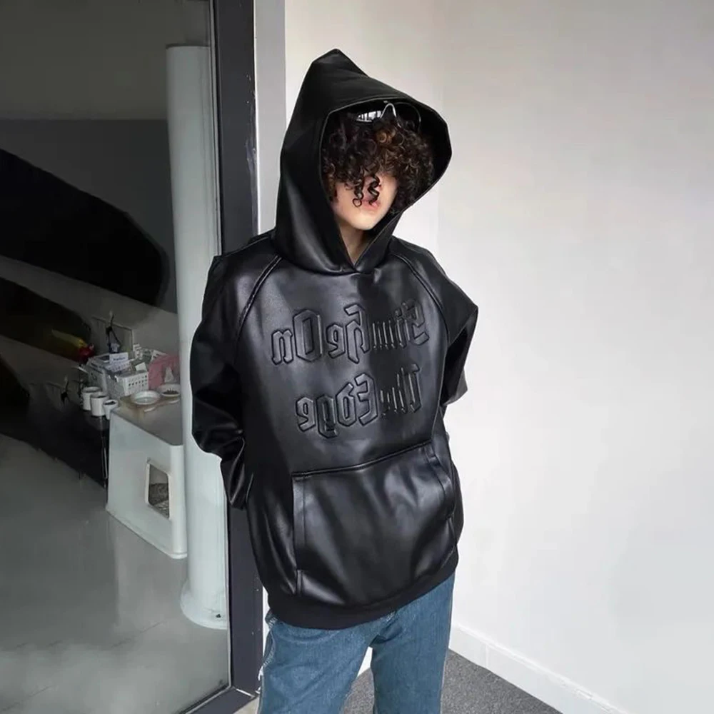 American Casual Oversize Hoodie Mens Spring Autumn Trendy Motorcycle Leather Jacket Loose Comfort Simple Solid Hooded Sweatshirt