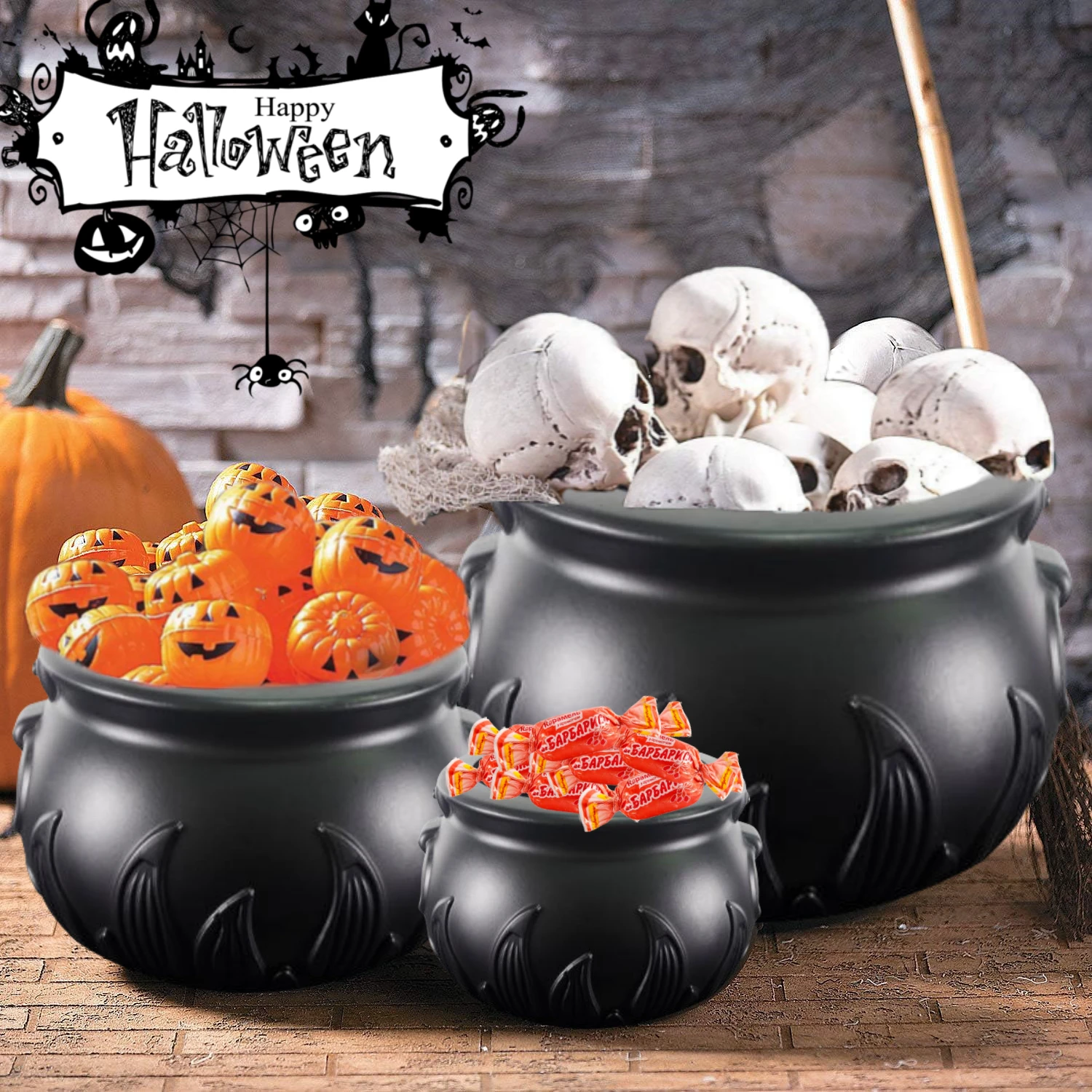 

Black Cauldron Pot 12", 8" and 6", Pack of 3, Create an Enchanting Halloween Atmosphere with Our Plastic Cauldron, Witch Cauldro