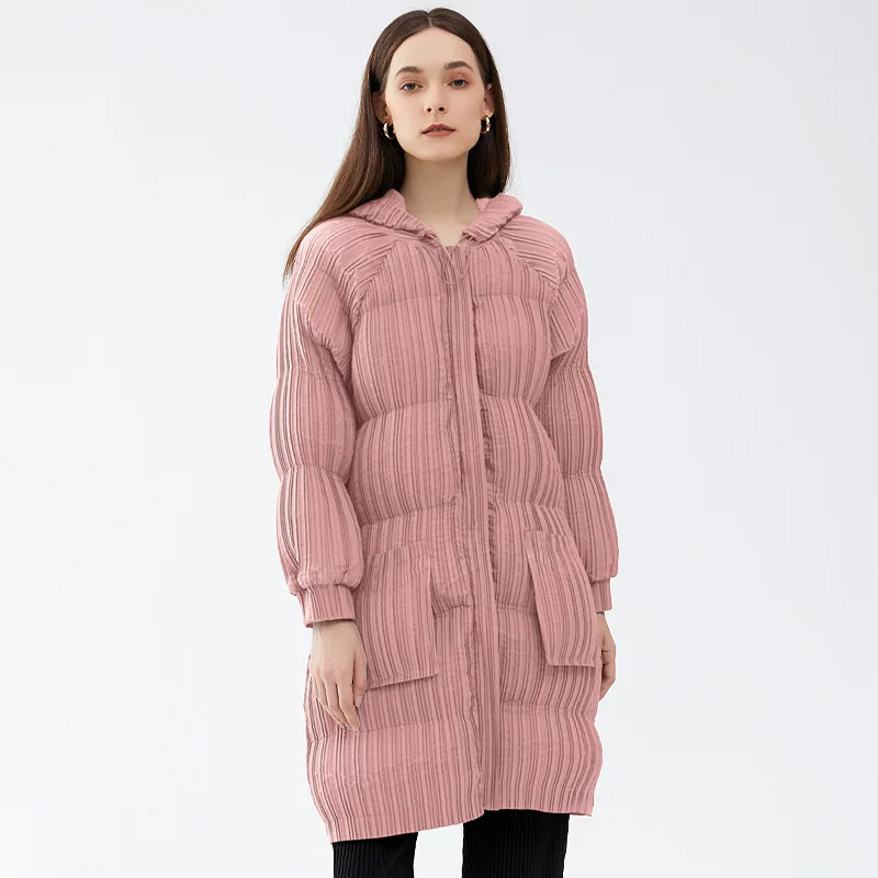 Boutique MIYAKE Style Winter new long down cotton hooded bread jacket for slimming and warmth pleated cotton clothing [6019]